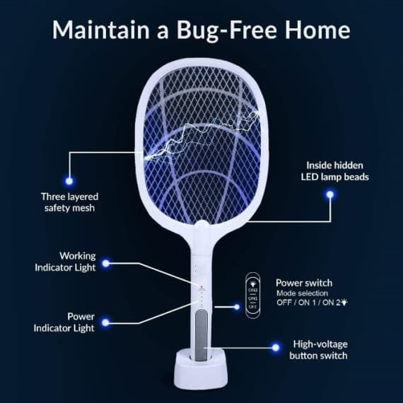 Rechargeable Mosquito Racket with Stand | Electric Insect Killer Bat for Indoor & Outdoor Use