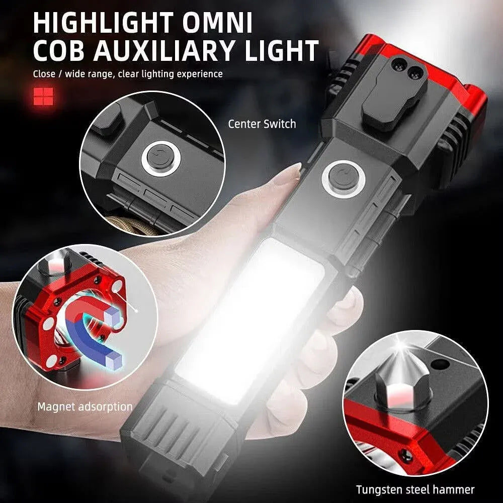 High-Power LED Torch Light Rechargeable – Tactical Hammer Flashlight with Power Bank & Box